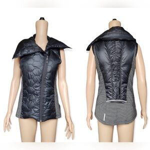 Mondetta Black Puffer Vest Asymmetrical Collar Gray Stripes Yoga Running small
